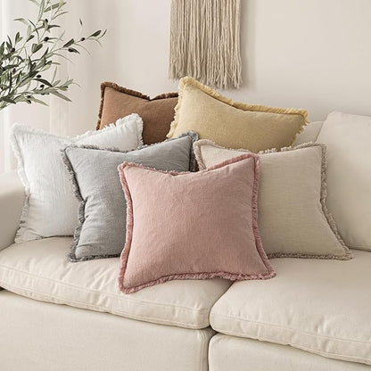 MIULEE Christmas Decorative Throw Pillow Covers Neutral Linen Fringe Throw Pillows Set of 2 White Boho Farmhouse Cushion Covers with Tassels for Couch Sofa Bed Living Room Home Decor 18x18 Inch