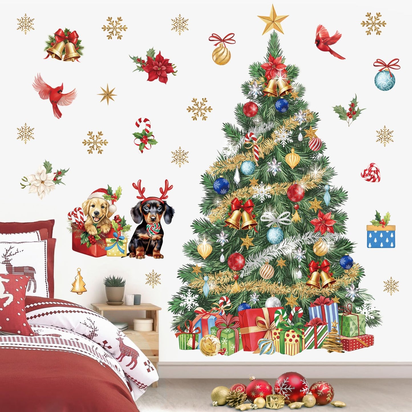 wondever Large Christmas Tree Wall Stickers Evergreen Tree Christmas Flowers Dogs Cardinal Birds Window Wall Art Decals for Christmas Party Window Xmas Home Party