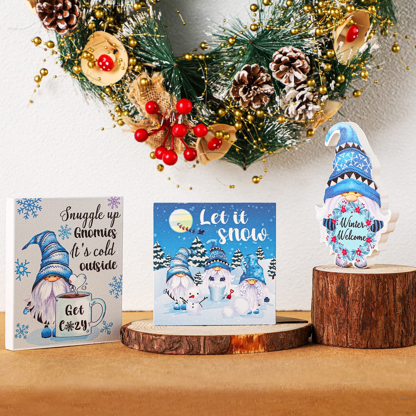 Karenhi 3 Pcs Winter Wooden Gnome Decor Blue Gnomes Tabletop Decorations Plaques Sign Winter Tiered Tray Decor Centerpiece for Home Party Table Desk Fireplace