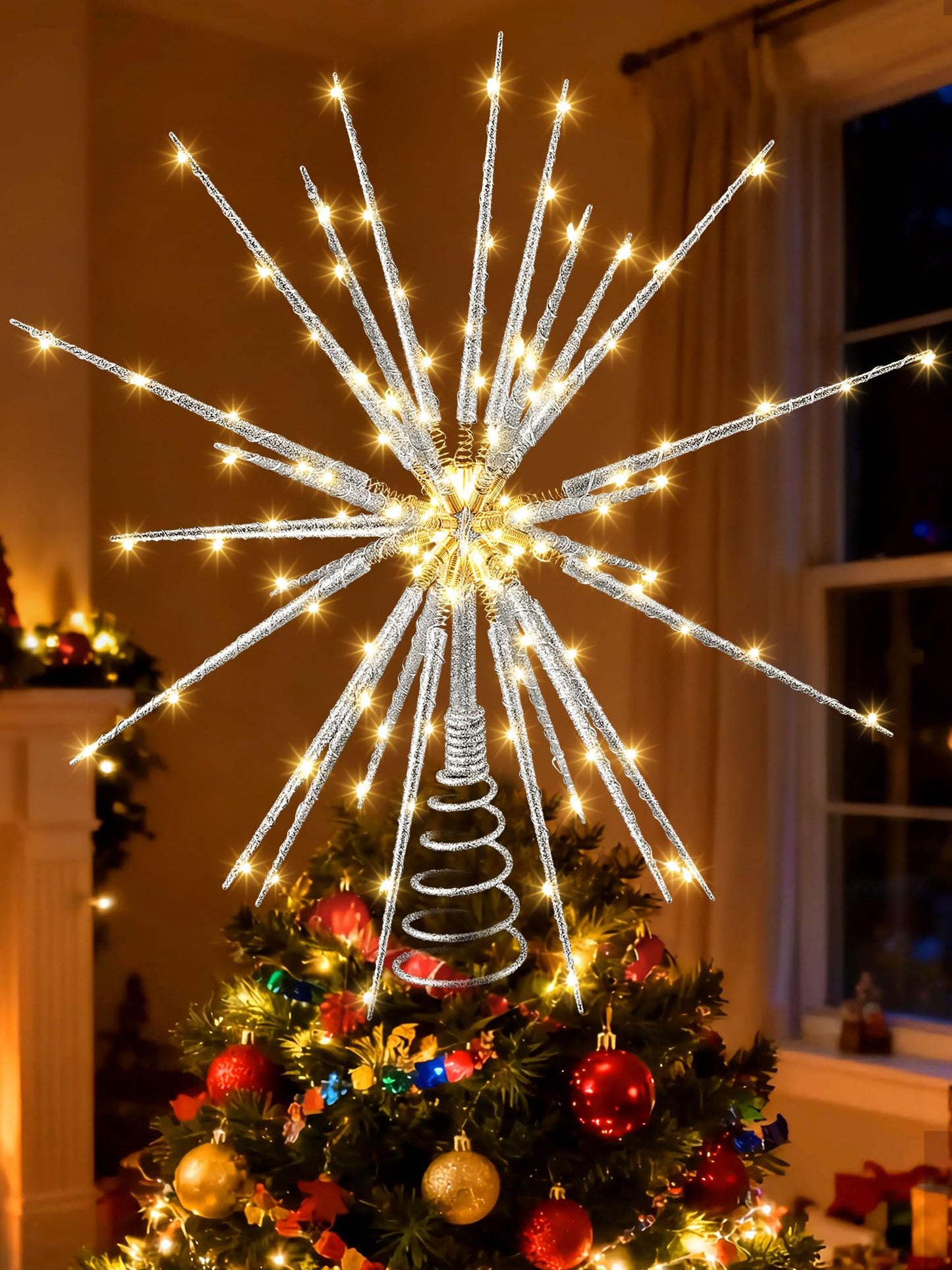 Meonum 16in Christmas Tree Topper with LED Light - 25 of 100 Lights Twinkle, Christmas Star Tree Topper for Holiday Decor, Universal Size, Lightweight and Easy to Install(Silver, 16inch)