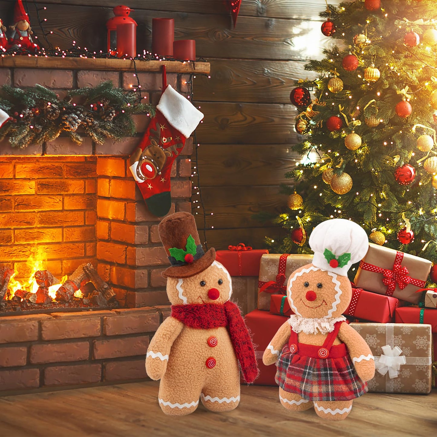 Christmas Decorations Indoor 12.6 inch Gingerbread Plush Ornaments Gingerbread Man Stuffed Animal Christmas Decor Gift for Kids Girls (Set of 2)