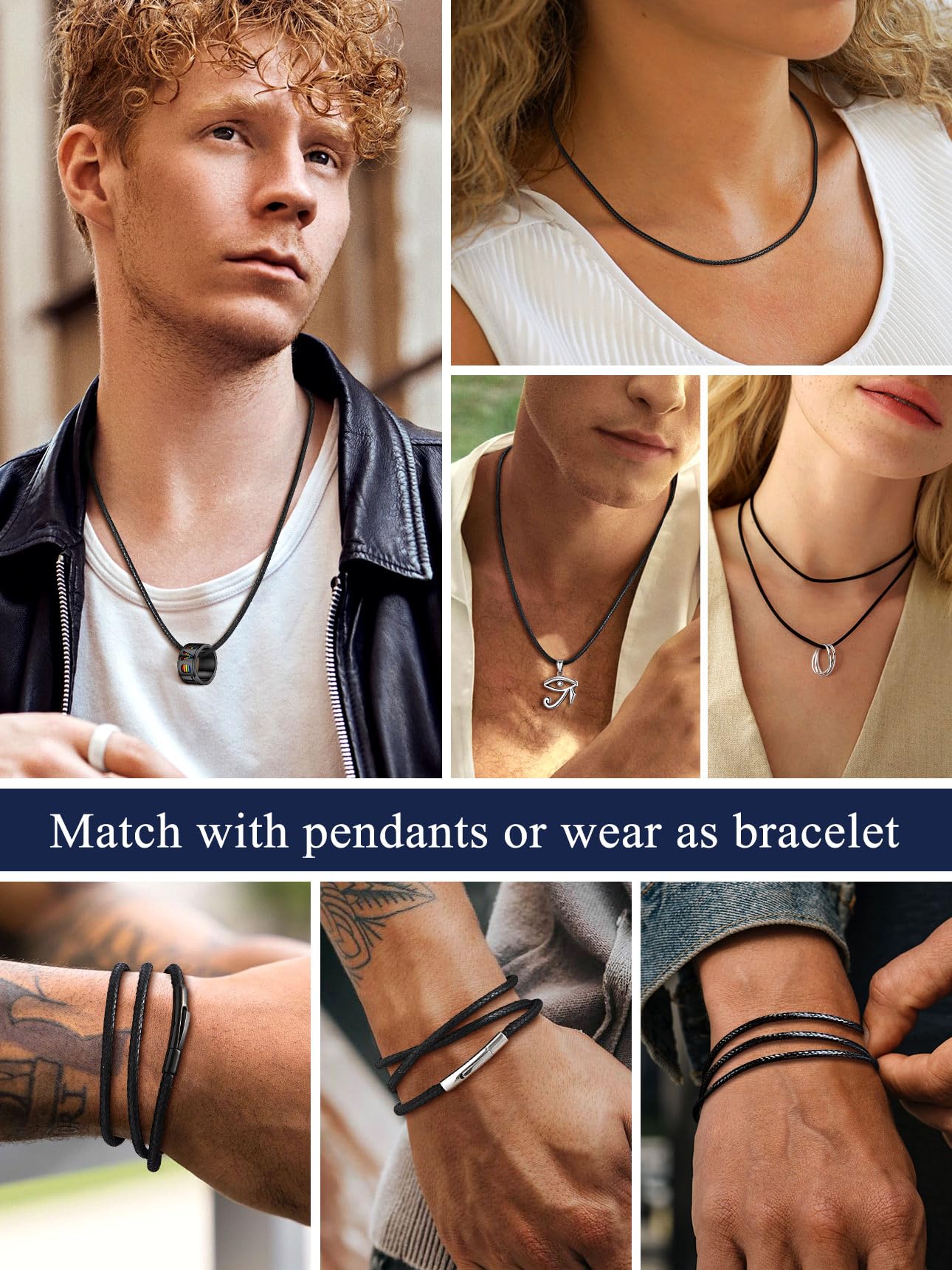 Waterproof Braided Choker Cord, Black Leather Chain With Stainless Steel Snap Clasp - Unisex Necklace, 18 inch