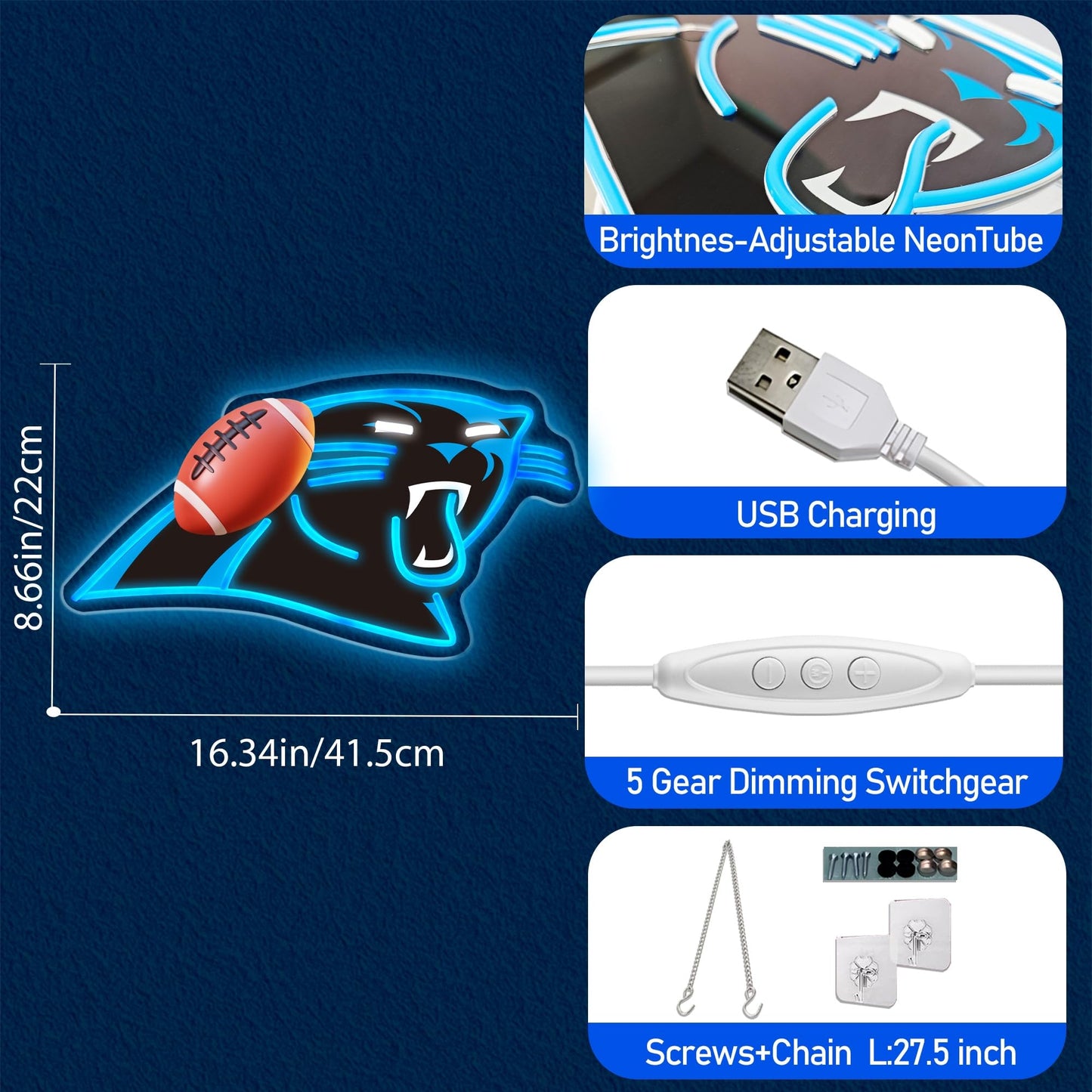 Football Team Neon Sign, Cool Dimmable Light Up Football Team Logo Hanging USB Powered for Wall Decor Art, Man Cave, Bedroom, Game Room Deco, Birthday Christmas Merch Gift for Boys Fans (Penther)