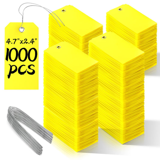 1000 Pieces Plastic Shipping Tags with wire Labeling Tags Waterproof Hang Tags with Reinforcement Hole Writable Luggage tag Loops for Equipment Inventory Parts Garage Storage (Yellow, 4 3/4" x 2 3/8")