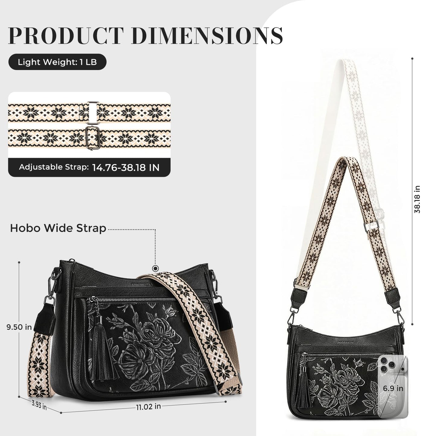 FORUWISH Crossbody Bags for Women, Black Silver Vegan Leather Medium Crossbody Purse, Spacious Daily Travel Shoulder Bag with Boho Strap
