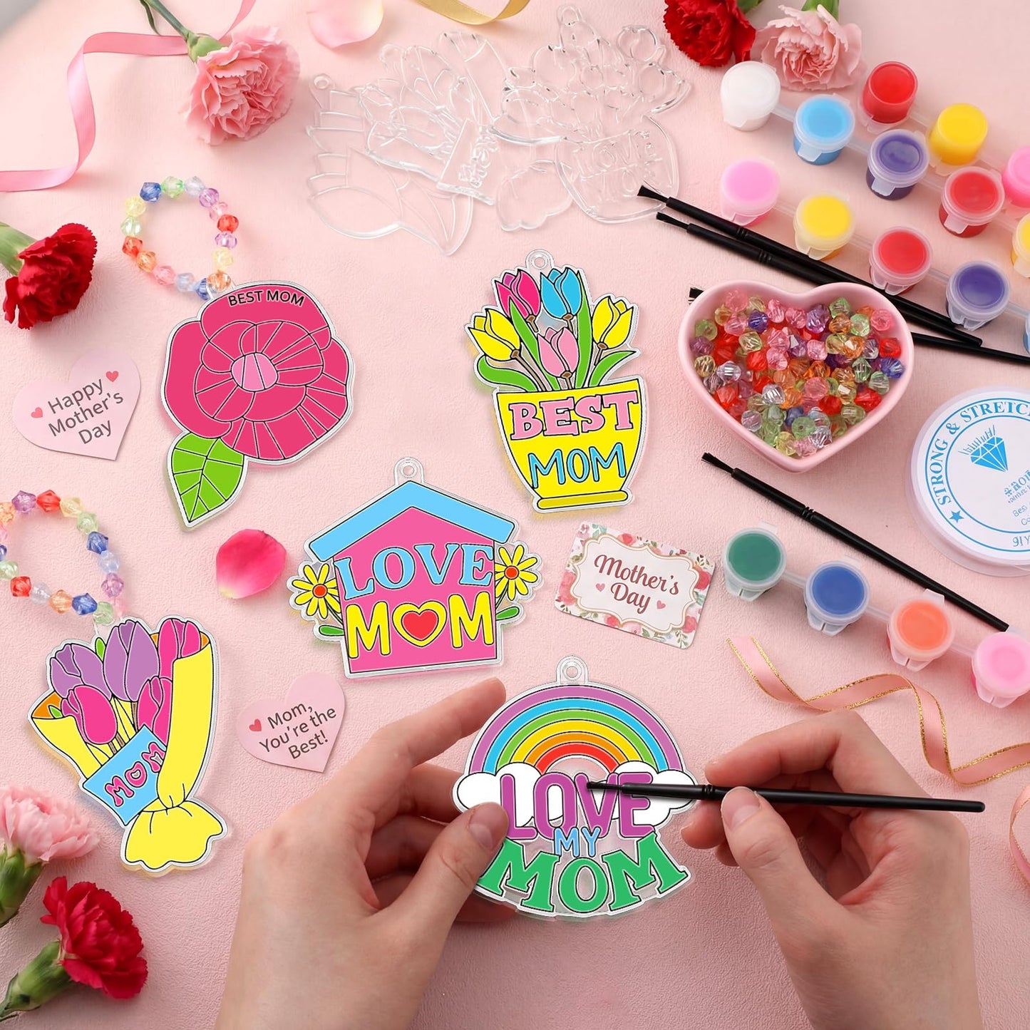 Beeveer 30 Sets Mother's Day Suncatchers Art Kits DIY Flower Tulip Best Mom Suncatcher Crafts Paint Your Own Window Ornaments for Adults Mothers Day Activities Party Favor