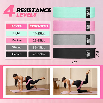 Resistance Bands for Working Out with Guide, 4 Workout Bands for Women & Men, Fabric Exercise Bands for Legs, Hip, Glute, Butt, Booty Bands Set for Yoga, Pilates, Strength (Green, Pink, Gray, Black)