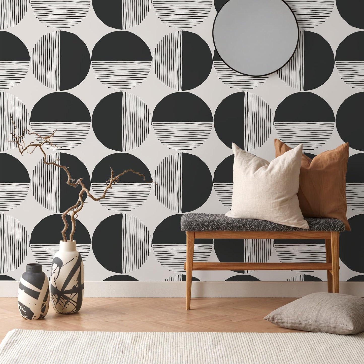 VEELIKE Abstract Circle Geometric Peel and Stick Wallpaper Modern Black Mid Century Wallpaper for Bedroom 17.7''x118'' Self Adhesive Geometric Wall Paper Removable Contact Paper for Cabinets Walls
