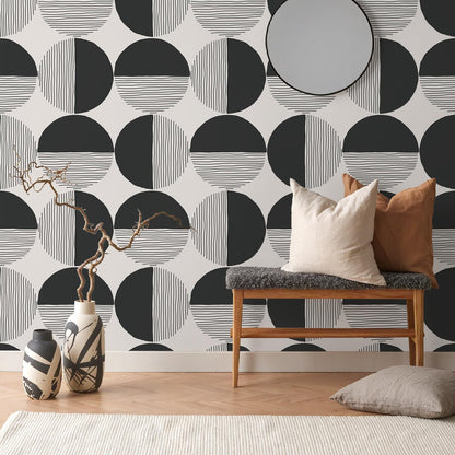 VEELIKE Abstract Circle Geometric Peel and Stick Wallpaper Modern Black Mid Century Wallpaper for Bedroom 17.7''x118'' Self Adhesive Geometric Wall Paper Removable Contact Paper for Cabinets Walls