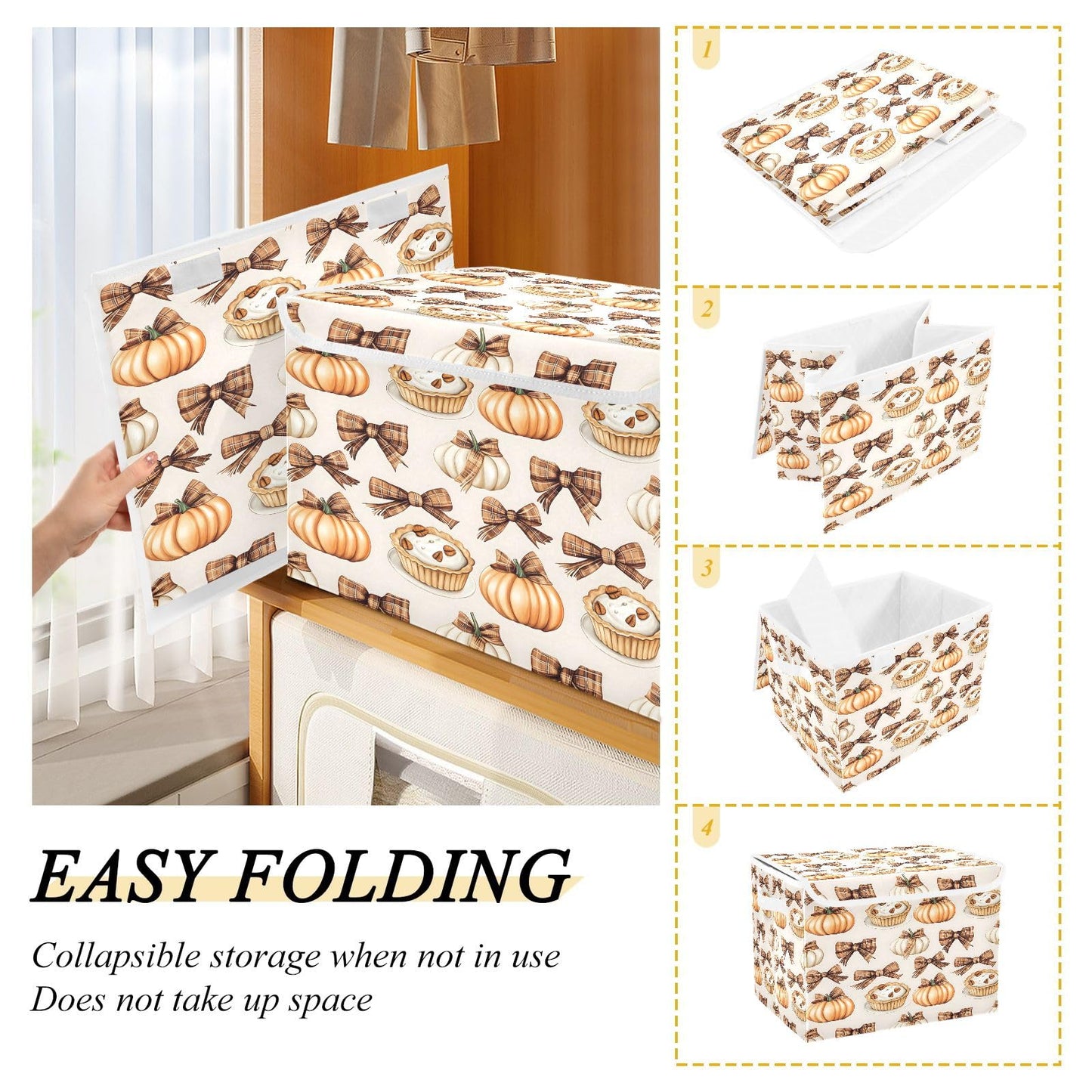 Bolaz Storage Bins with Lids and Handles,Autumn Pie Pumpkin Bows Pattern Storage Box Basket with Cover Collapsible Organizer Containers for Home Closet, Shelves