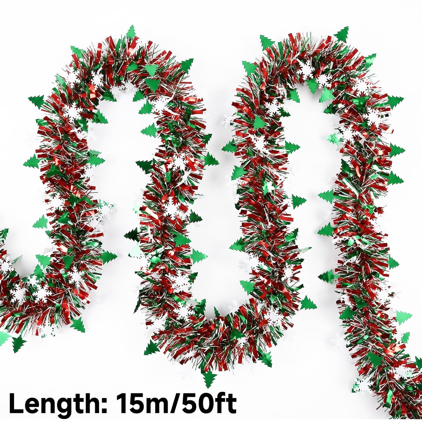 50 Feet Green Red Christmas Metallic Tinsel Twist Hanging Garland with Snowflake Xmas Tree for Home Mantle Xmas Tree Staircase Railing New Year Holiday Party Indoor Outdoor Decorations