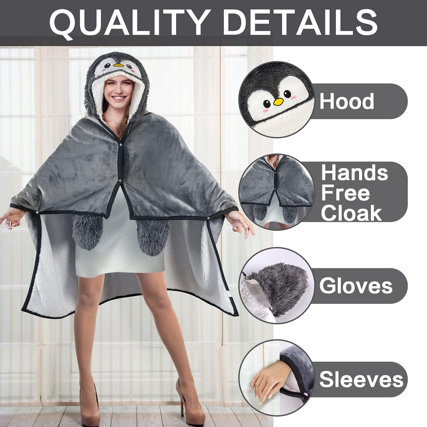 Penguin Wearable Hooded Blanket for Adults – Fuzzy Super Soft Warm Cozy Plush Flannel Fleece & Sherpa Hoodie Throw Cloak Wrap - Penguin Gifts for Women Adults Girls and Kids