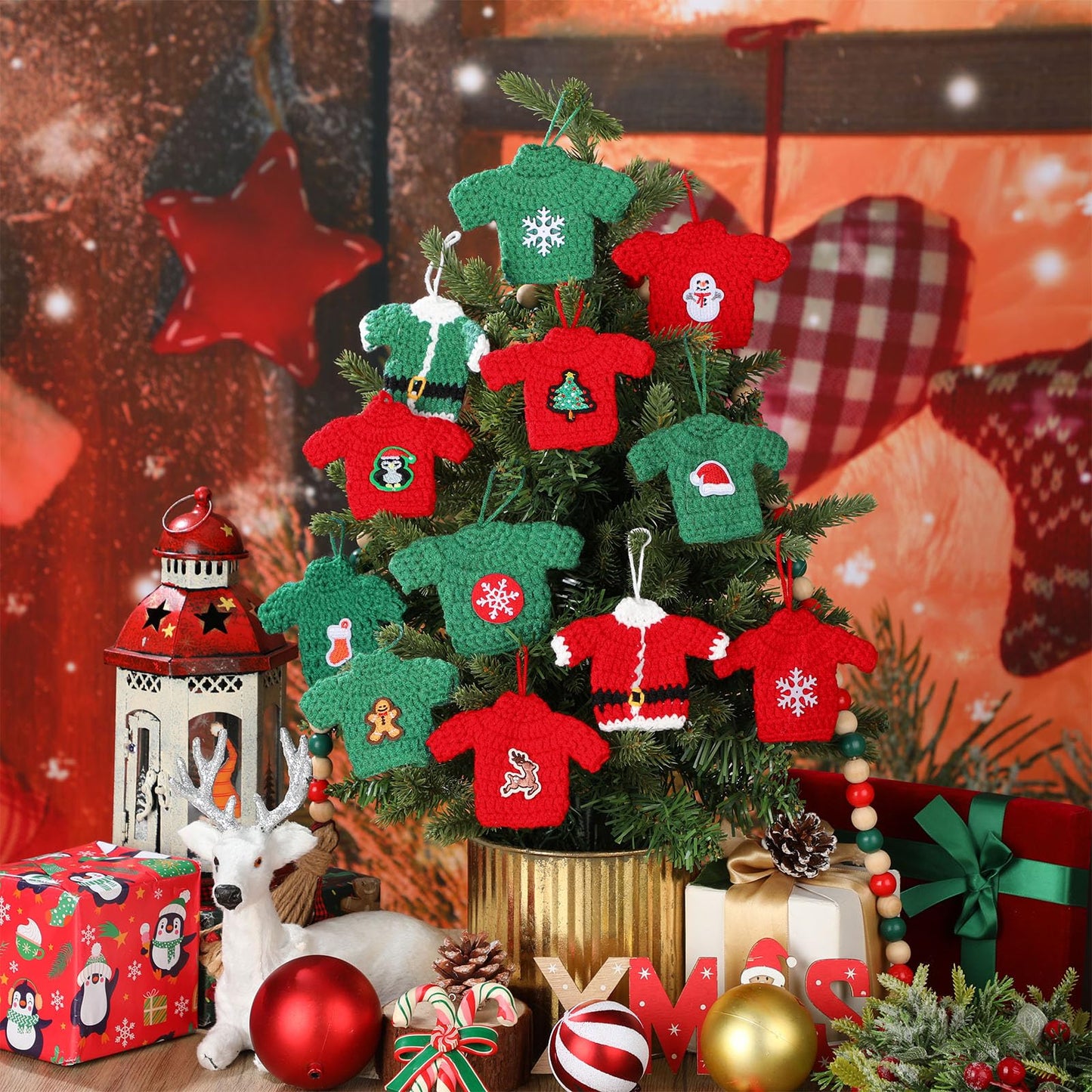 12 Pcs Handcrafted Crochet Ugly Sweater Ornament Christmas Red and Green Ugly Sweater Decorations for Christmas Tree Snowflake Gingerbread Reindeer Santa Hanging Decor for Xmas Winter Party Favors