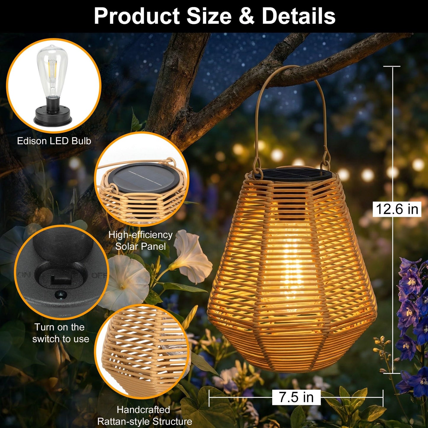 pearlstar Solar Lanterns Outdoor Waterproof 2Pack Rattan Woven Hanging/Table Solar Lights with Warm White Edison Light Bulbs for Patio Yard Garden Outside Boho Decor, Gifts for Mom Women