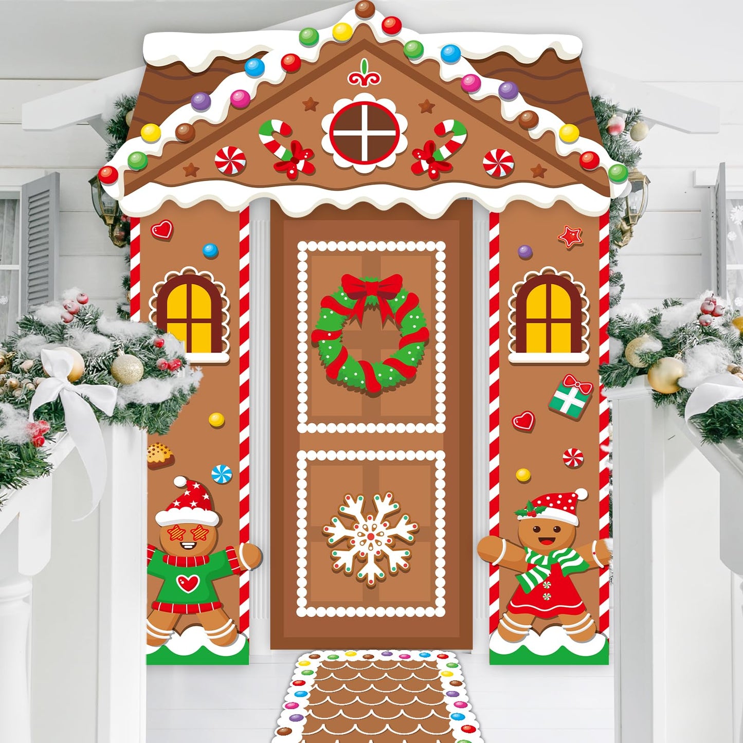 5 Pcs Christmas Gingerbread House Decorations Xmas Candy Gingerbread Door Cover Floor Runner Xmas Candy Hanging Banner Backdrop Christmas Porch Signs for Holiday Classroom Home Candyland Party Decor