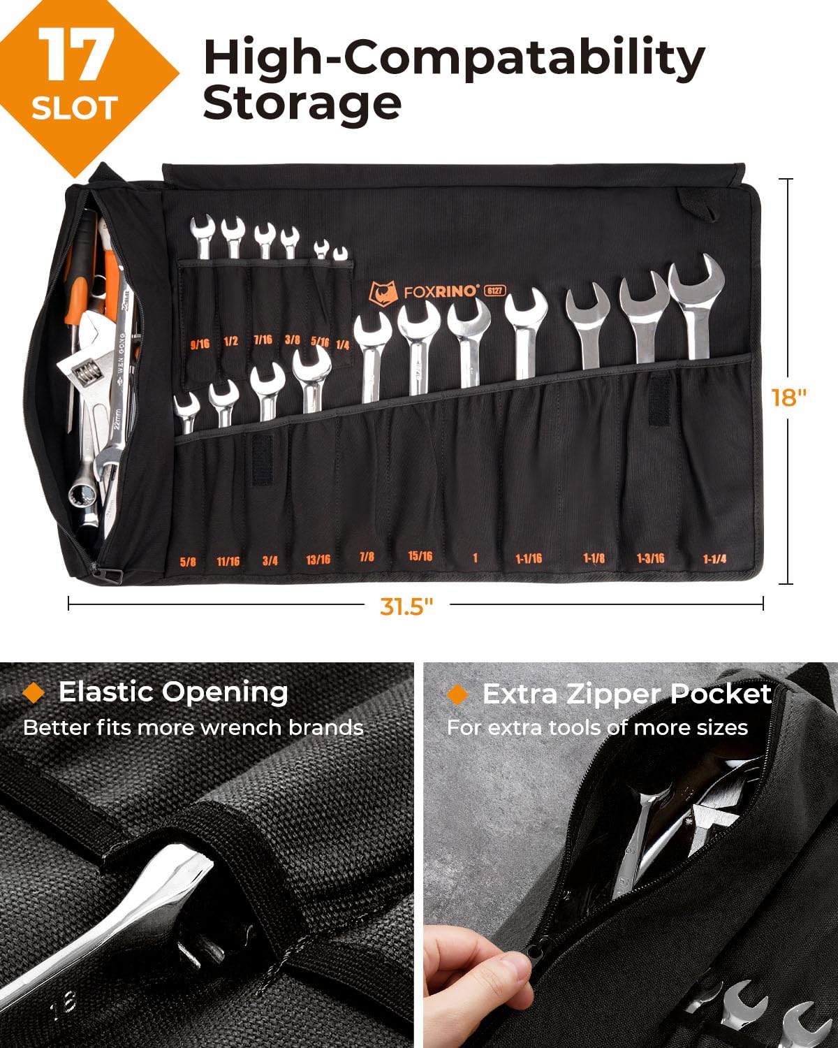 Foxrino Wrench Roll, Wrench Roll Up Pouch, 17-Pocket Heavy Duty Canvas Wrench Organizer Bag for SAE Combination Wrenches, Portable Tool Roll Bag, Gifts for Men for Fathers Day (Black, 17+1 SAE)