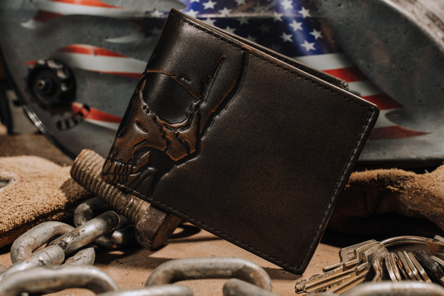House of Jack Co. Skull Double ID Bifold Wallet for Men, Full Grain Leather Bifold Wallet, 2 ID Windows, 10 Card Slots, Skull Wallet, Black