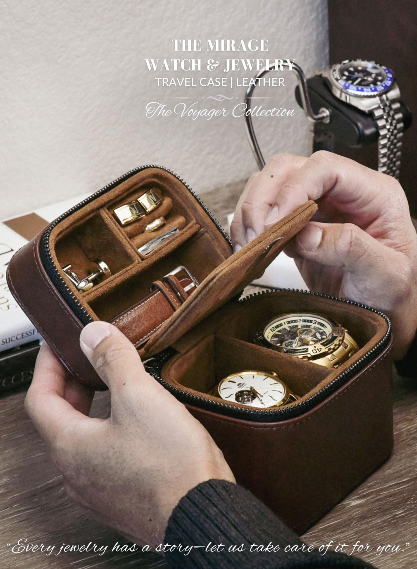 Leather Watch and Jewelry Travel Case for Men – Cufflink and Watch Band Travel Case Organizer – Coffee Brown Swiss-Motif Genuine Leather