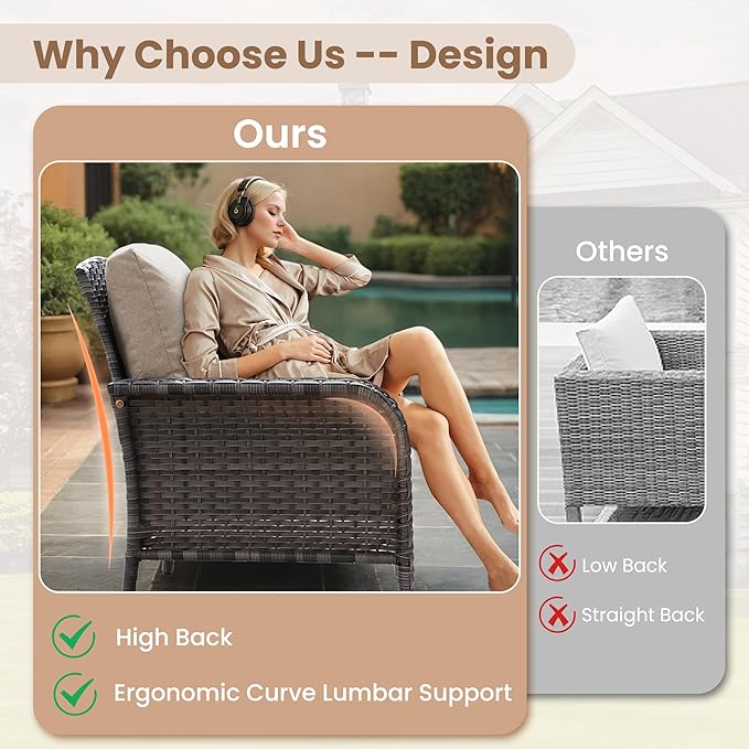 HOOOWOOO Patio Furniture Set,2 Pieces Outdoor Wicker Chairs Set,All Weather Deck Bistro Chairs with Comfy High Back,Beige