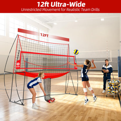 JOLORLY 2-in-1 Volleyball Practice Net Station with Patented 5-Height (6'6'' to 8'), Heavy Duty Training System for Hitting Spiking Serving, Backyard Indoor Outdoor Trainer Equipment (12x11 ft Red)