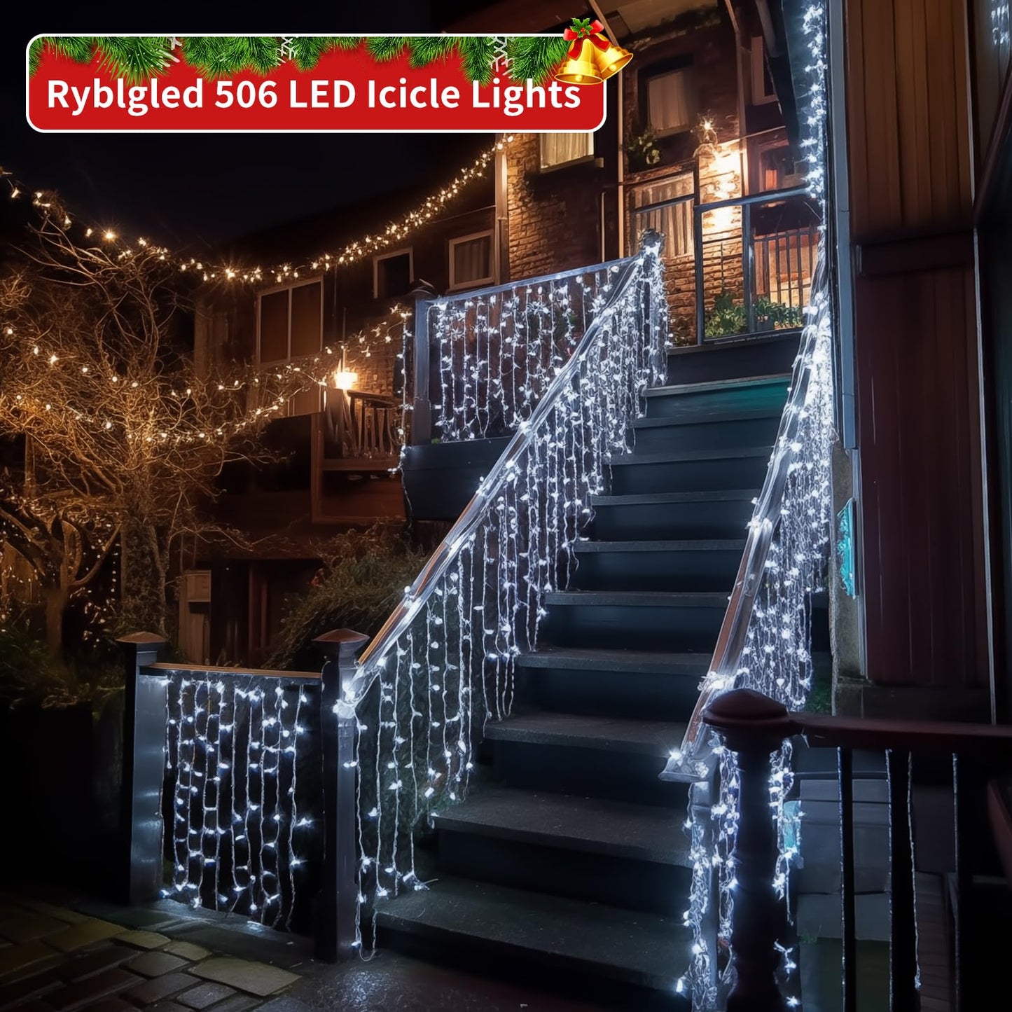 Ryblgled Icicle Christmas Lights for Outside - 65Ft 506 LED Plug-in Icicle String Lights Outdoor Decorations with Remote,Waterproof, Cool White Christmas Icicle Lights for House Bedroom Balcony Decor