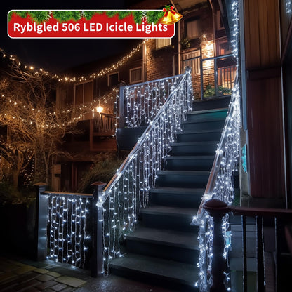 Ryblgled Icicle Christmas Lights for Outside - 65Ft 506 LED Plug-in Icicle String Lights Outdoor Decorations with Remote,Waterproof, Cool White Christmas Icicle Lights for House Bedroom Balcony Decor