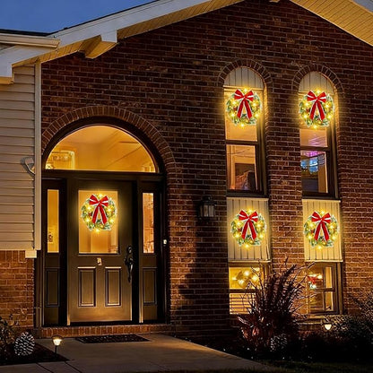 Pinkpum Lighted Christmas Wreath for Front Door Decor 16.5" Green Winter Wreath with LED String Lights for Home Wall Window Porch Farmhouse Indoor Outdoor Decorations Berries Pine Cones Bow 1 Pack