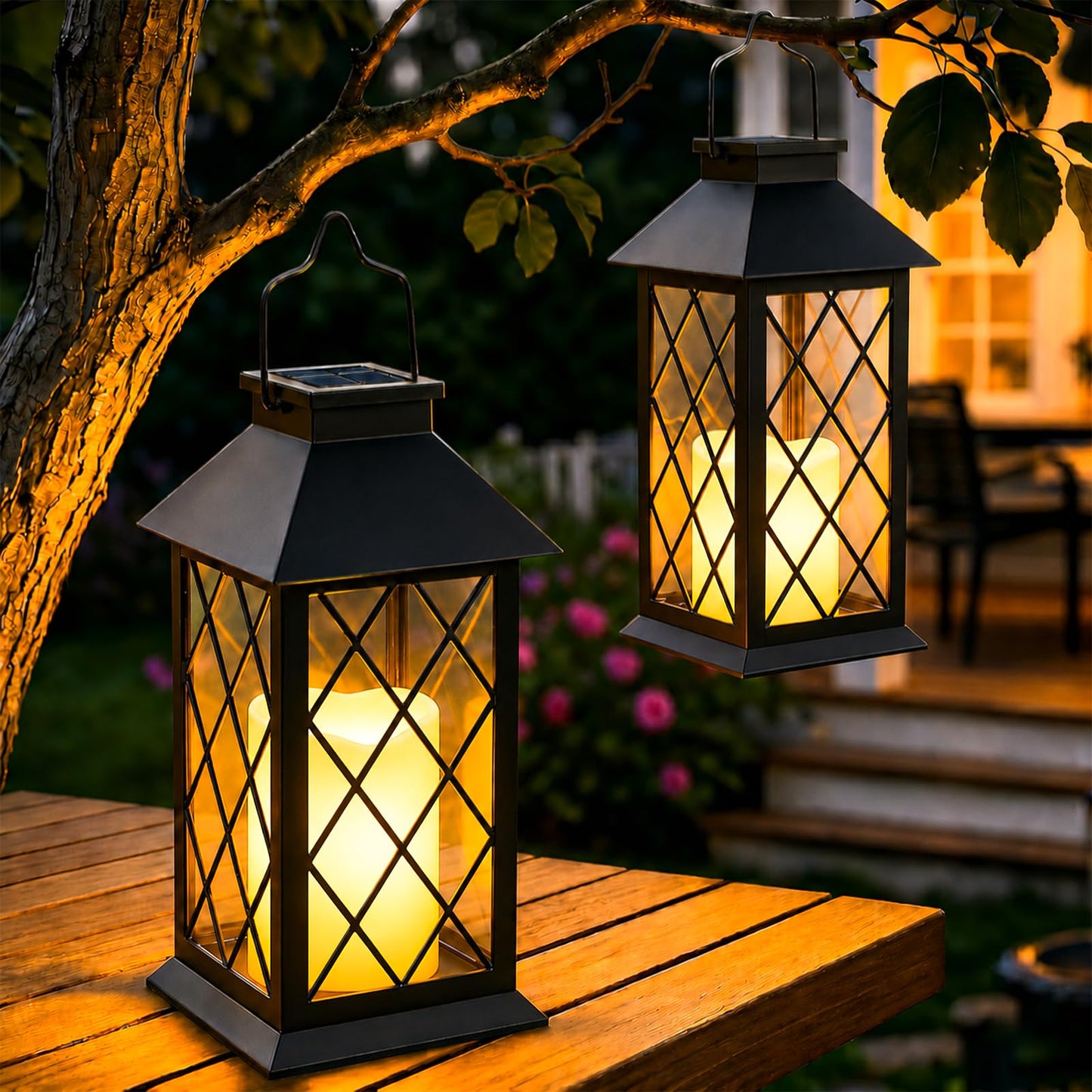 Yowin Solar Lanterns Outdoor Waterproof, 2 Pack Hanging Solar Lanterns with Flickering Candle, Tempered Glass Solar Lamp Outdoor for Garden Wall Table Patio Yard Fence, Housewarming Gift - Black