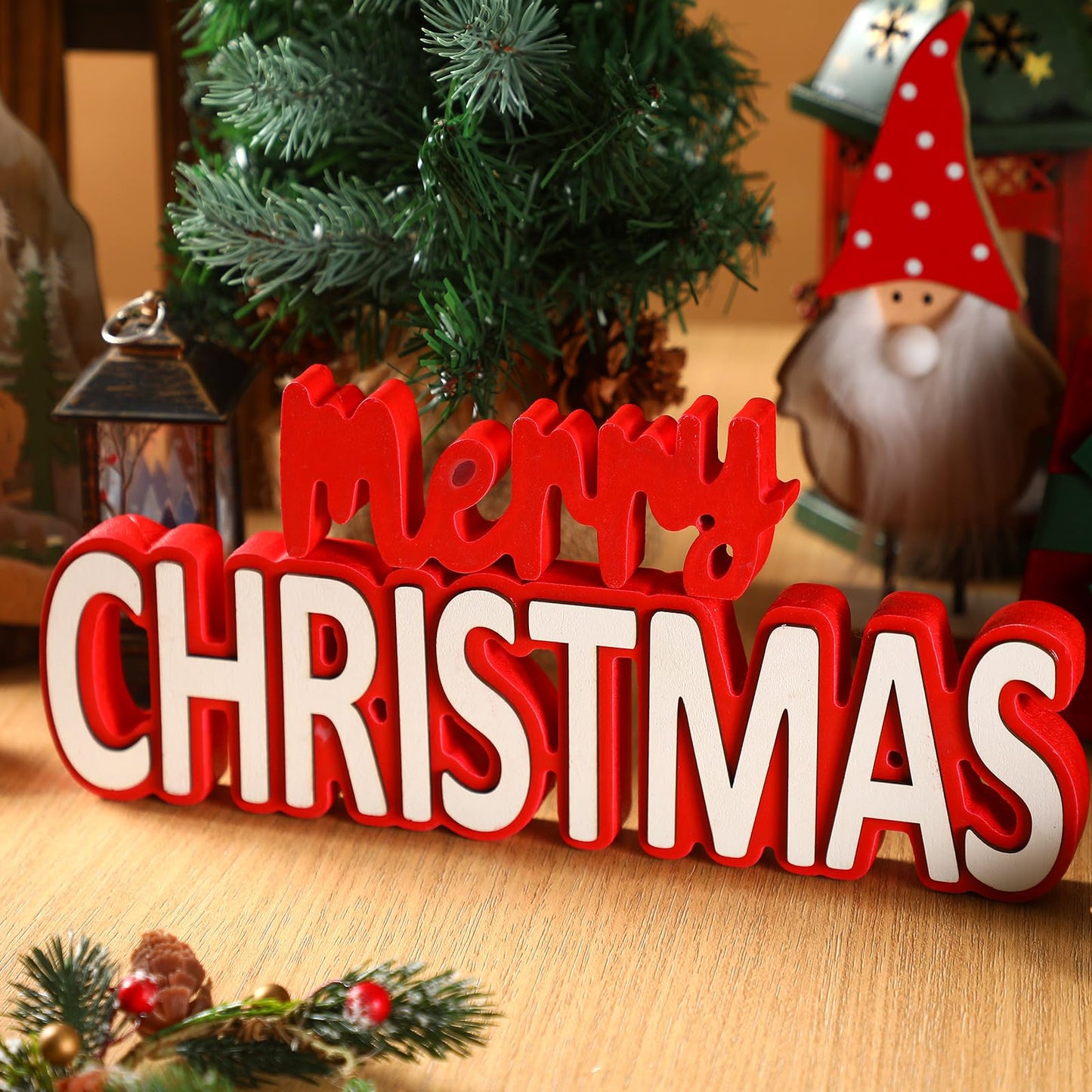 Burbell 2 Pcs Merry Christmas Wooden Signs Red Christmas Table Decoration Xmas Tiered Tray Decor Freestanding Sign for DIY Xmas Home Tabletop Centerpiece Mantel Fireplace