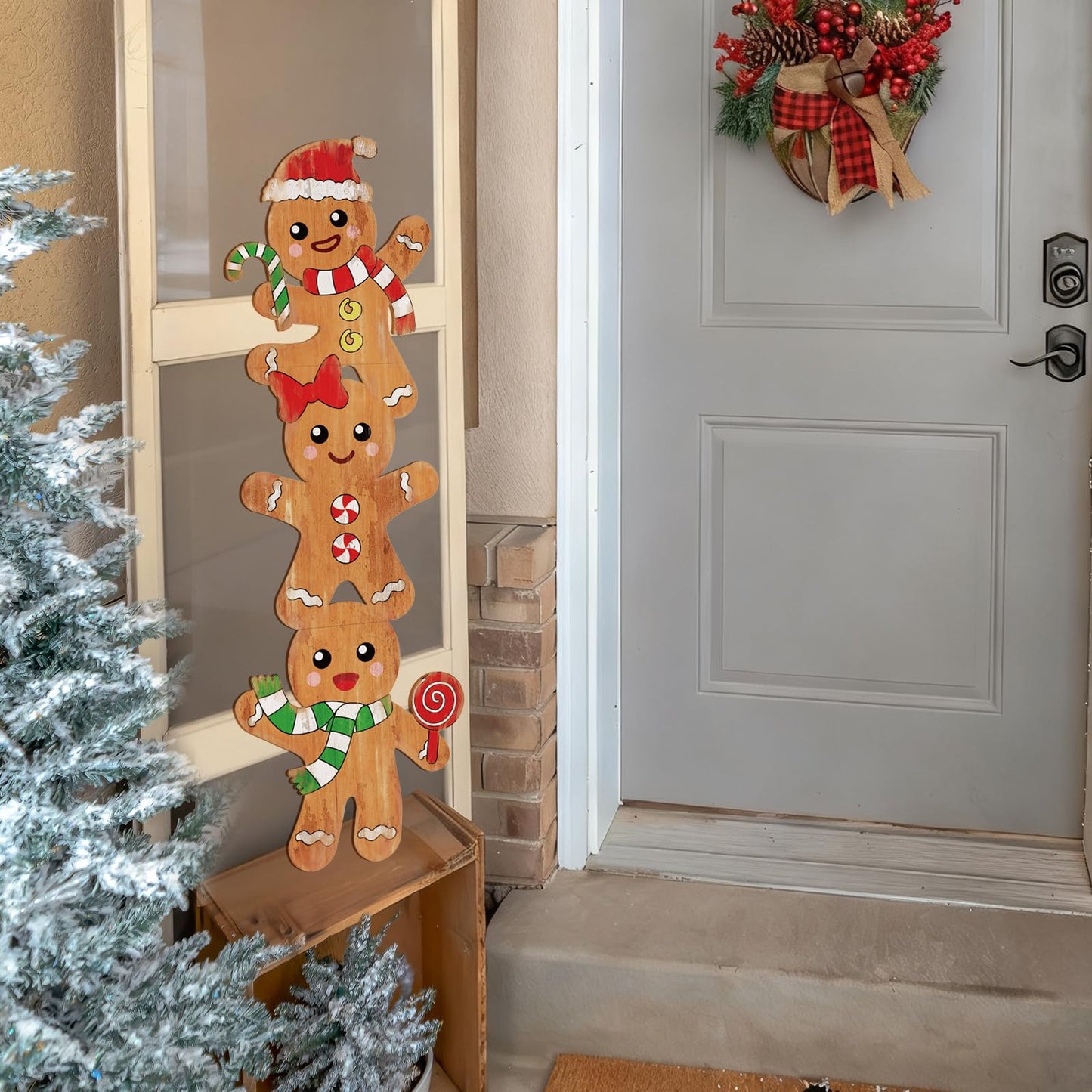 Whaline 41.7in Christmas Gingerbread Man Wooden Porch Sign Hanging Welcome Sign Farmhouse Front Door Hanger for Xmas Home Party Wall Decoration