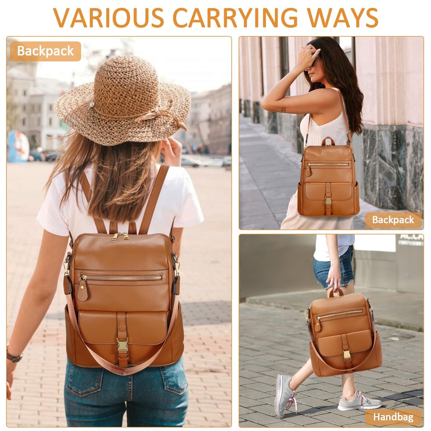 KKXIU Backpack Purse for Women - Multi-pocket Leather backpack for Travel, Work & School with Anti-Theft Lock Pocket, Luggage Strap & Water Bottle Pockets - 13x14x5.2 Inch, 1.67lb (Brown)