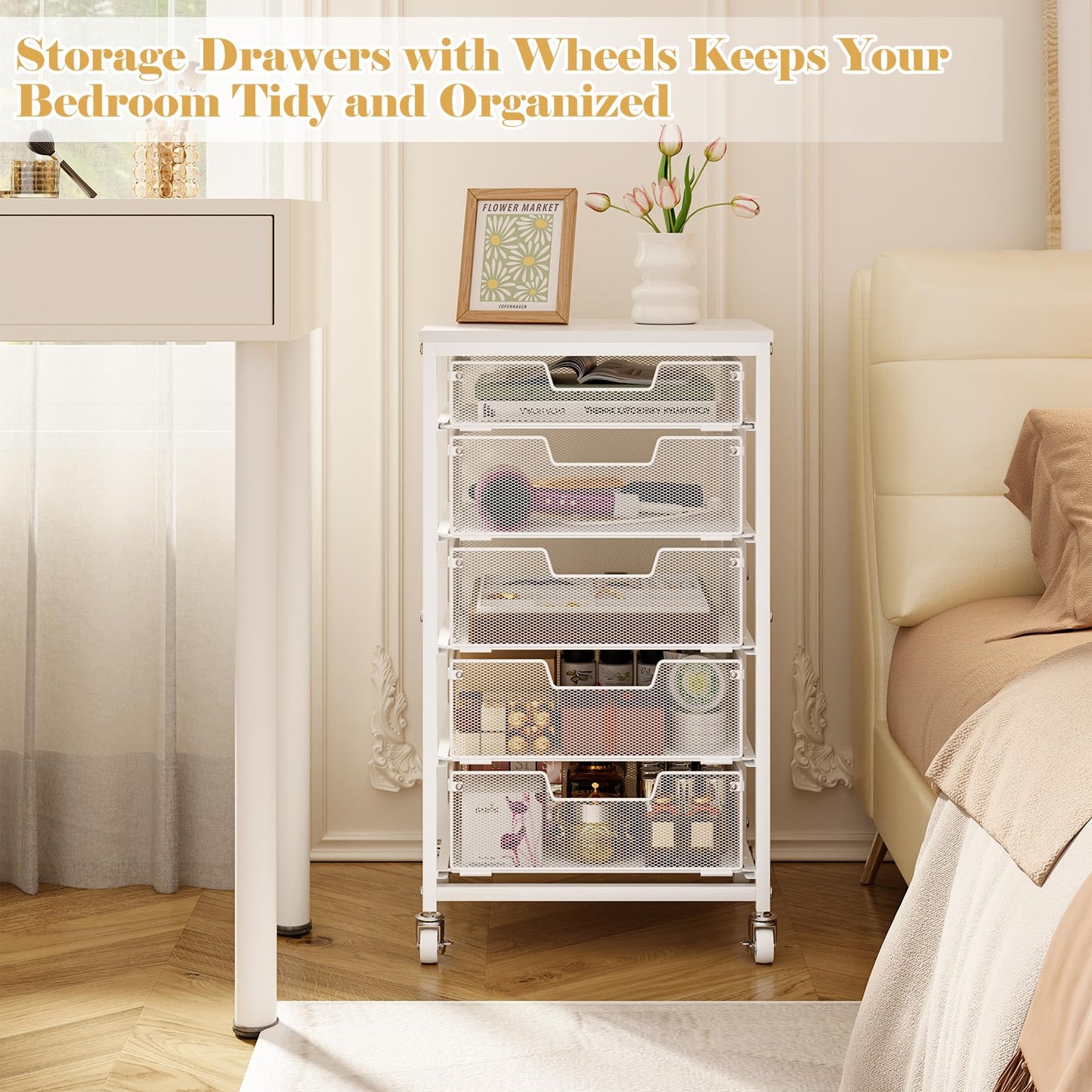 Sbanmao Utility Cart with 5 Drawers, Rolling Storage Cart with Wooden Tabletop and Lockable Wheels, Storage Drawer Cart with Drawers, Craft Cart for Bedroom, Classroom, Home, Office, White