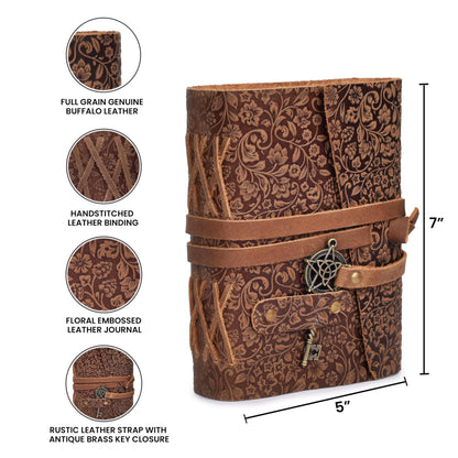 LEATHER VILLAGE Handmade Leather Bound Floral Embossed Journal for Women | 260 Pages Blank of Vintage Paper Writing, Sketchbook, Notebook - Rustic Brown - 7X5 Inches