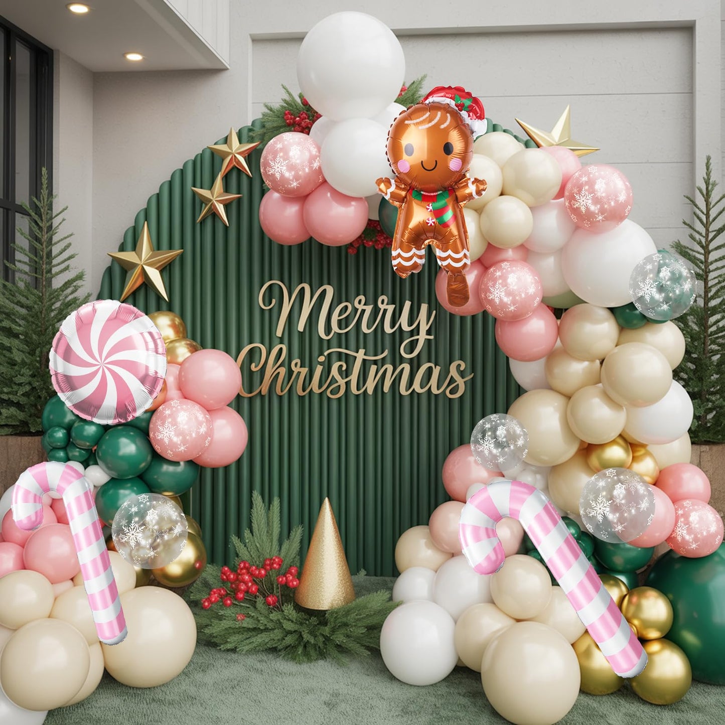 Froova Christmas Decorations Balloons Arch Kit 114Pcs Green White Apricot Transparent Snowflake Balloons Garland, Gingerbread Man Candy Cane Windmill Foil Balloon for Winter Holiday Xmas Supplies