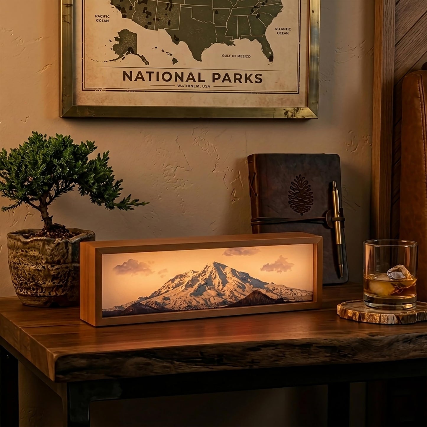Homsewit Snowy Mount Rainie Led Light Box 3 Layers of Acrylic Light Box - Handmade Table Lamp for Room Decor - National Park Travel Signs Travel Gift