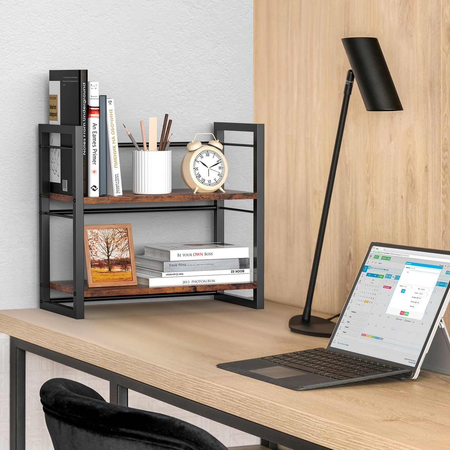 ART-GIFTREE Office Desk Shelf Organizer, Wood Desktop Bookshelf Supplies Storage Rack, Shelf for Top of Desk and Dresser (Brown-2 Tier)