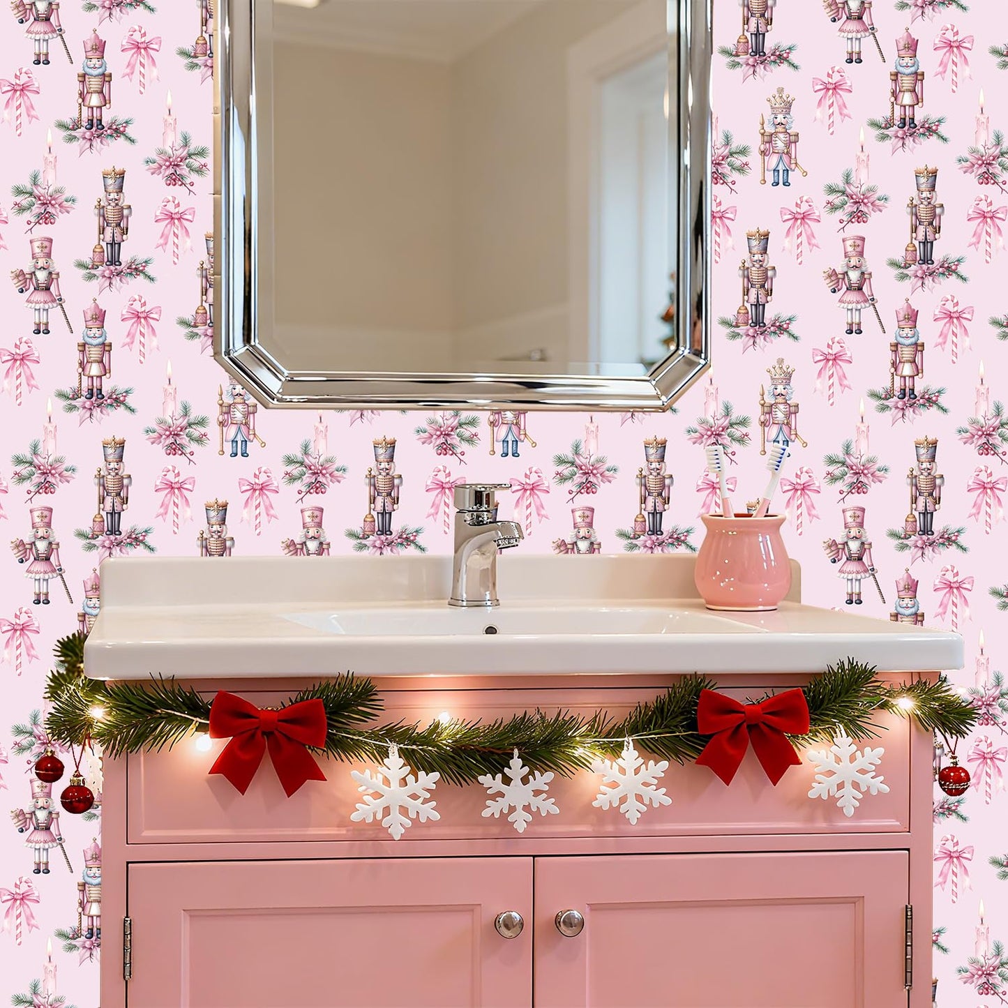 IARTTOP Pink Nutcrackers Wallpaper Peel and Stick Christmas Party Pink Contact Paper for Cabinets and Drawers Christmas Nutcracker Wallpaper Self-Adhesive for Xmas Holiday Home Decor(17.3"X118.1")