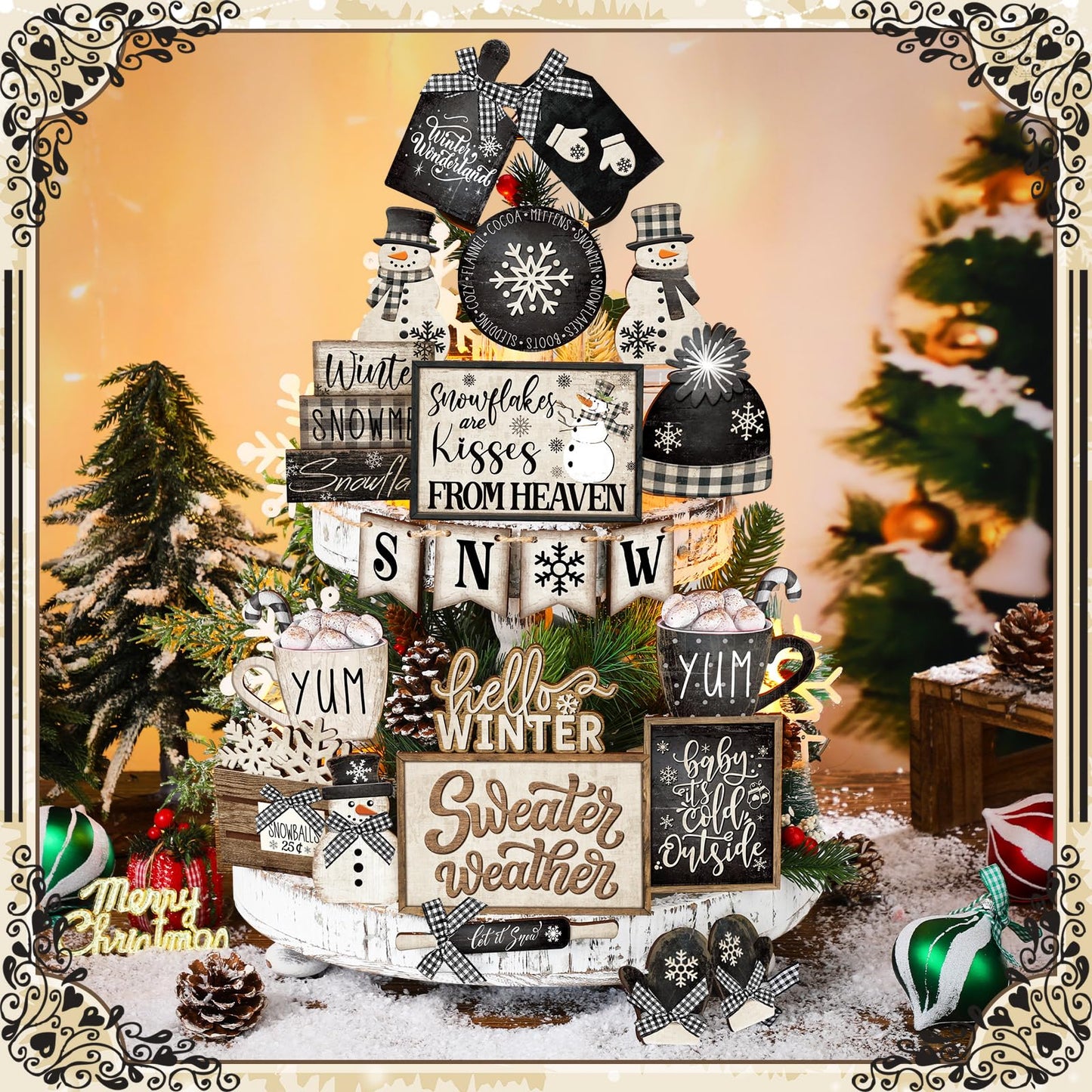 CroBlissful 23 Pcs Christmas Winter Tiered Tray Decor Snowman Farmhouse Decor Winter Tiered Table Centerpieces Wood Blocks Signs for Home Shelf, Without Tray(Black, White,Snow)