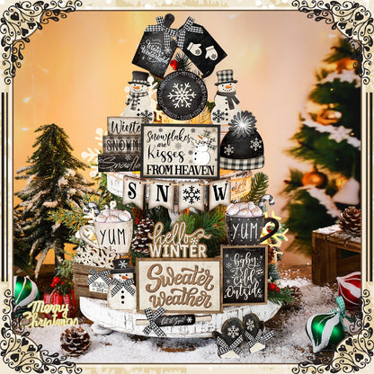 CroBlissful 23 Pcs Christmas Winter Tiered Tray Decor Snowman Farmhouse Decor Winter Tiered Table Centerpieces Wood Blocks Signs for Home Shelf, Without Tray(Black, White,Snow)