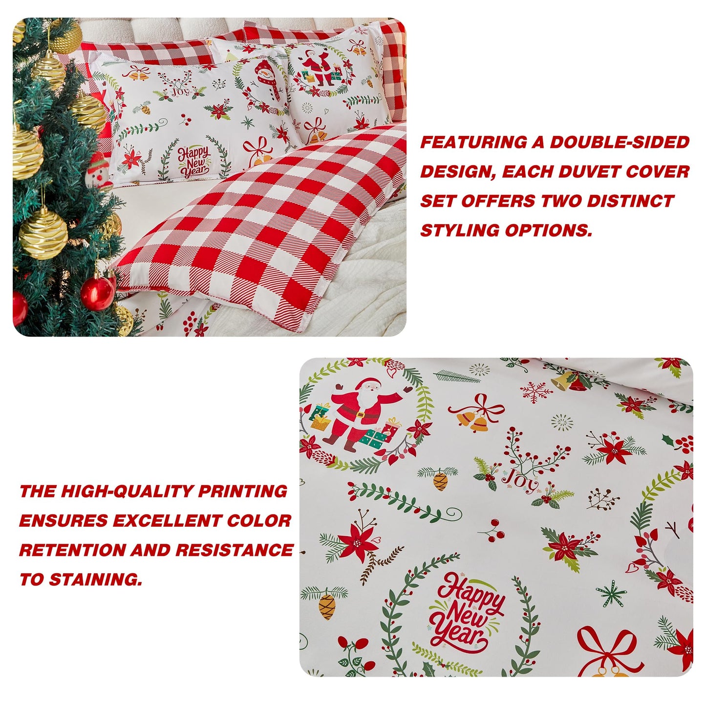 Joyreap 3pcs Christmas Duvet Cover Set King, Xmas Wreaths and Santa Claus Design Comforter Cover Set, Includes 1 Duvet Cover and 2 Pillow Shams