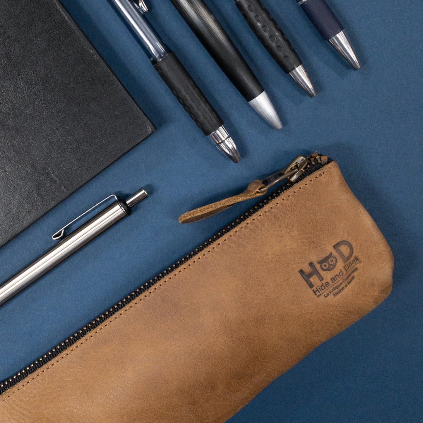 Hide & Drink, Rectangular Pencil Case, Pen & Marker Pouch for Men and Women, Flat Zippered Holder, Classic Style for Artists, Full Grain Leather, Handmade, Single Malt Mahogany