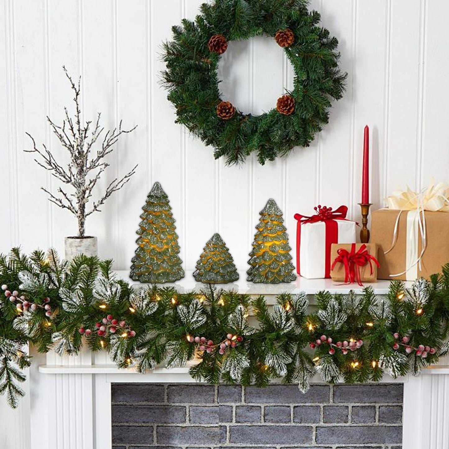 Green Christmas Tree Figurines Hand-Painted Tabletop Tree Flameless Candles Real Wax Flickering LED Battery Operated with Remote Lighted Christmas Tree Decoration for Shelf Fireplace Mantel Holiday