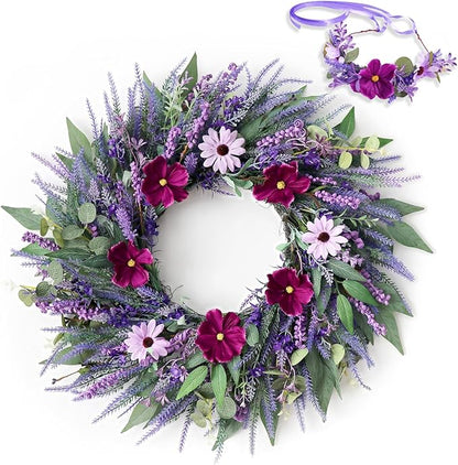 24" Lavender Wreath for Front Door - Artificial Floral Lush Summer Wreath with Adjustable Headband & DIY Decor for Wall, Home, Wedding, Party, Christmas (Purple)
