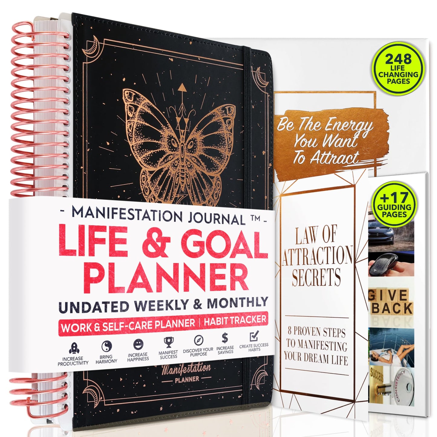 Manifestation Journal – Hourly, Weekly & Monthly Planner | 12-Month to Increase Productivity, Life Organizer & Goal Planner | Spiral Journal, Habit Tracker, Foldable Vision Board, Gift Box & Stickers