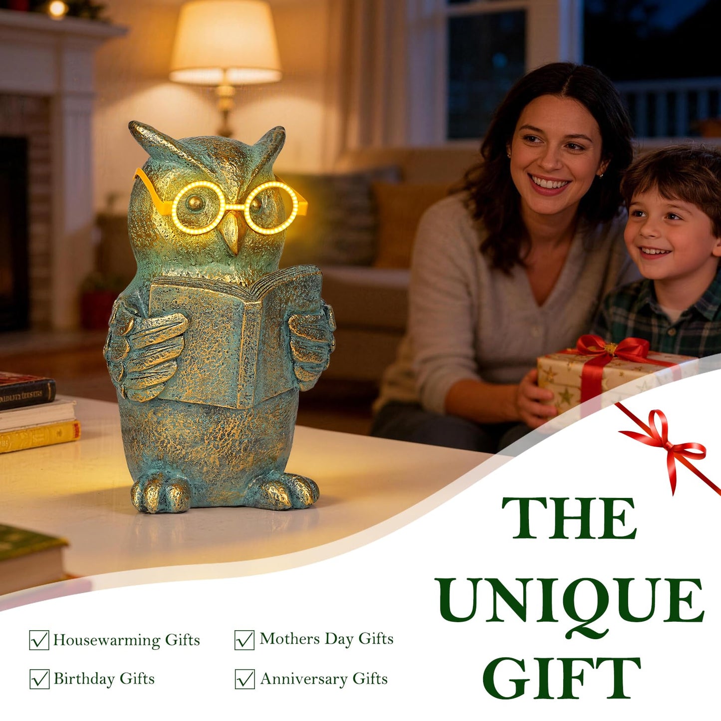 zuzuzen Reading Owl Statue with Solar Glasses Bronze Resin Garden Decoration Outdoor Figurine Light for Patio, Yard, Lawn, Housewarming Home Decor Gift for Women