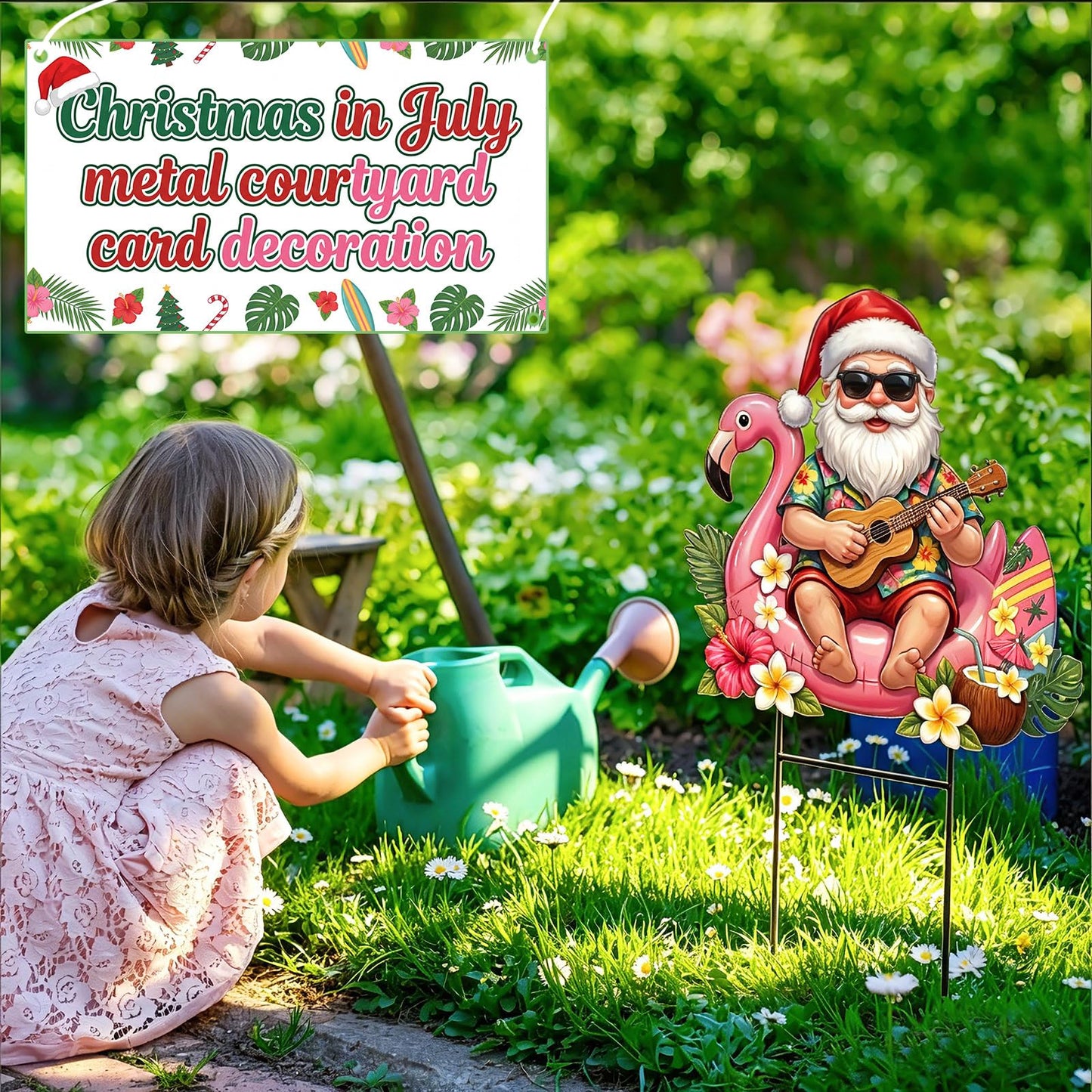 Amyhill July Christmas Outdoor Decor Summer Christmas Metal Yard Sign with Stake Tropical Flamingo Santa Claus Decorative Lawn Sign for Indoor Outside Garden Pathway Walkway Holiday Hawaii Party Decor