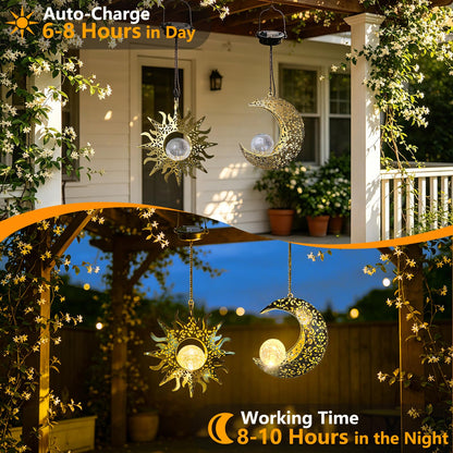 Amugmilk Solar Hanging Lights for Outside Garden,Outdoor Metal Lanterns Sun Moon Lamp, Large Decorations for Yard Garden Patio Proch Tree Wall, Christmas Gifts for Women Mom