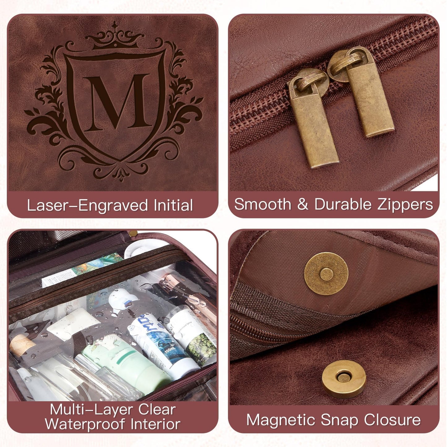 Aganmi Personalized Hanging Toiletry Bag Travel Gifts for Men Him, 3-in-1 Large Laser-Engraved Initial Waterproof PU Leather Shaving Bag Valentines Birthday Gift for Men Dad Husband Reddish Brown M