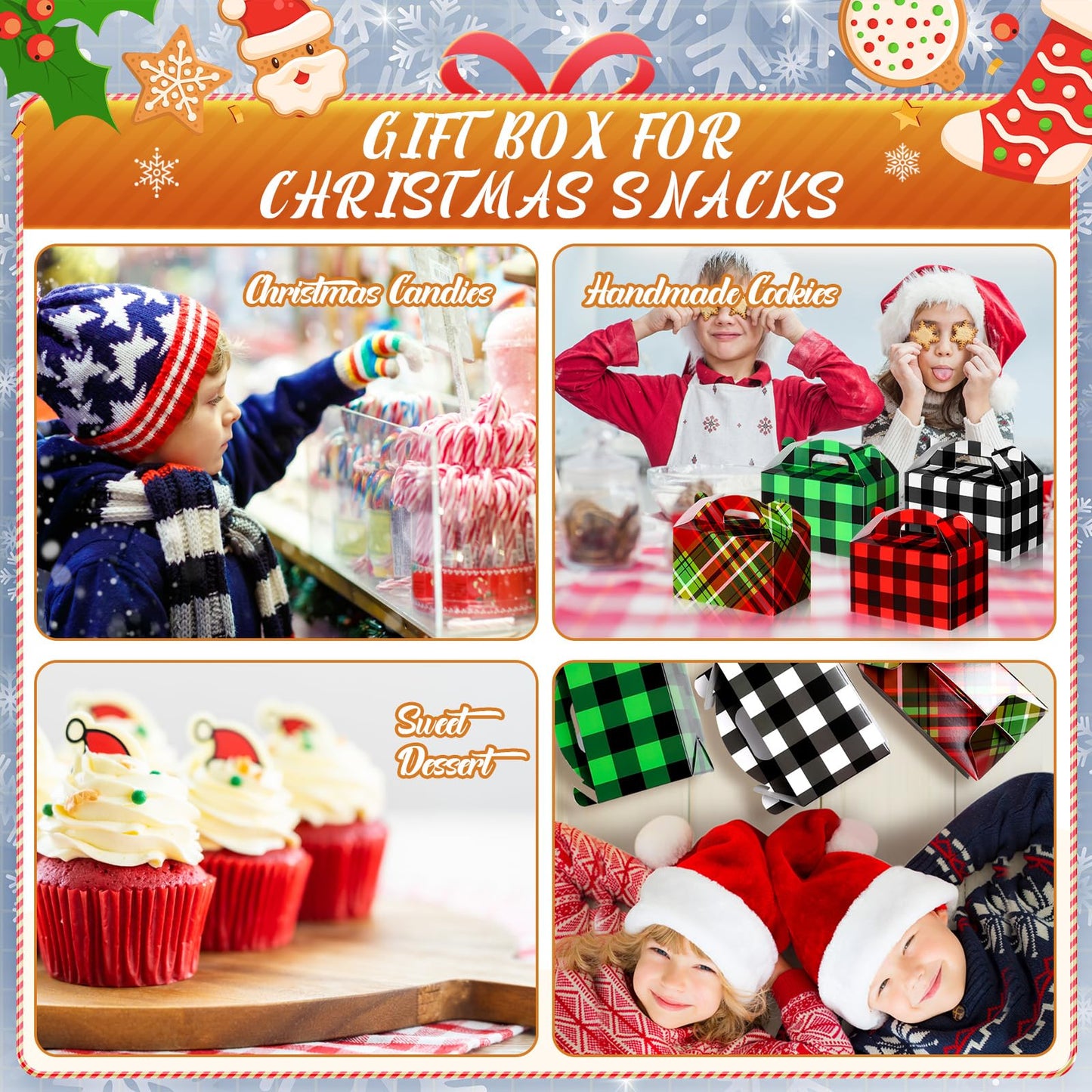 Clabby 24 Pcs Christmas Treat Boxes with Handles 3D Christmas Cookie Gift Boxes Cardboard Goodie Candy Bags Xmas Santa Elf Snowman Elk Gingerbread Holiday Party Favor Supplies, 4 Design(Plaid Style)