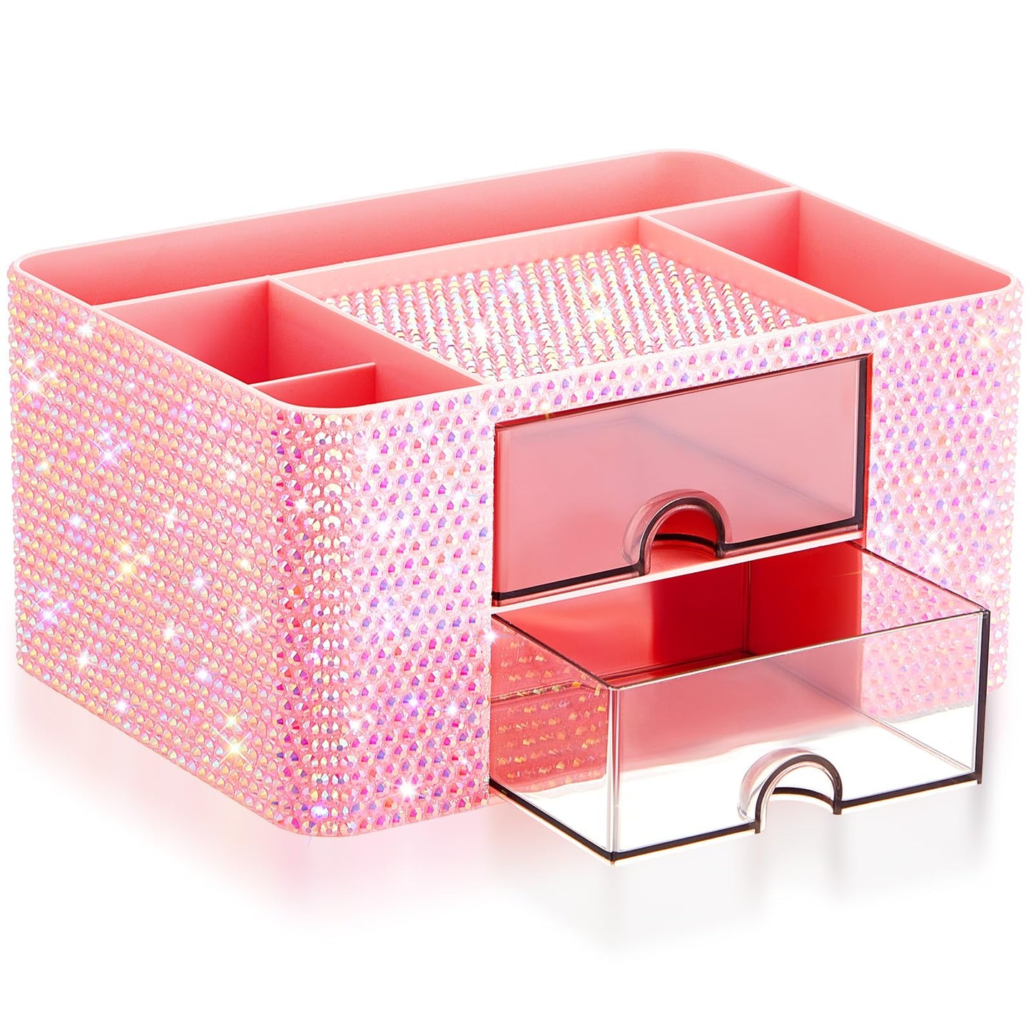 MotiMind Pink Bling Desk Organizer with 2 Drawer, Sparkly Makeup Organizer for Vanity, Girly Desk Accessories, Rhinestone Pen Holder, Elevate Your Workspace with Pink Serenity (Diamond)